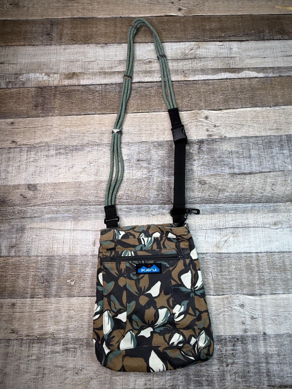 KAVU Rope Crossbody Satchel Bag Floral Brown Adjustable Strap Travel Hiking Snap